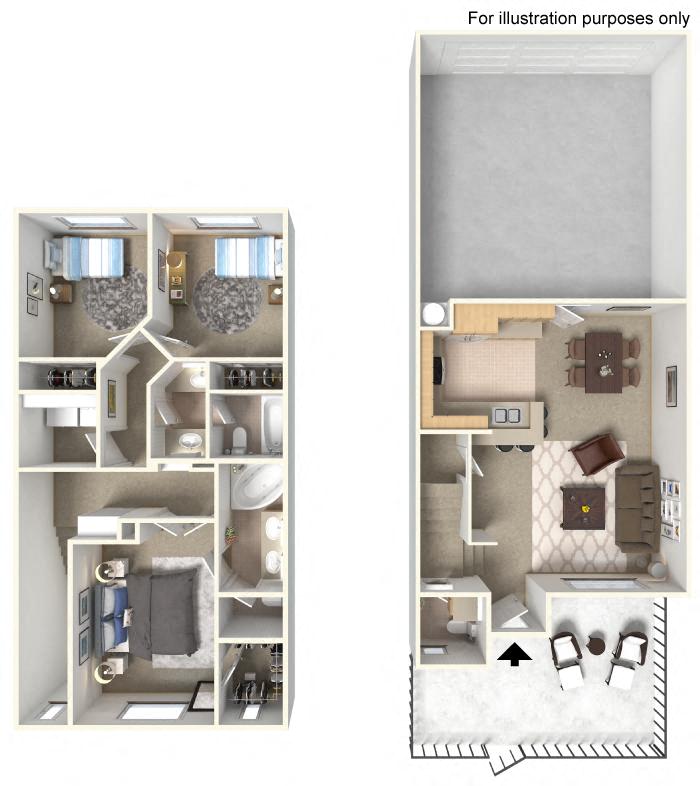 Floor plan for 3 beds, 2.5 baths, 1265 sqft